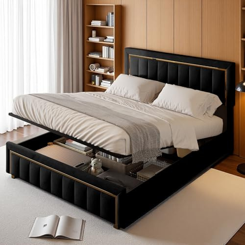 JYNVO Polsterbett 140x200 cm mit Stauraum, Bett mit Kopfteil,Doppelbett, Stauraumbett, Lattenrost, Bettgestell, Jugendbett, schwarz, Flanell, ohne Matratze
