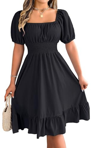Women's Square Neck Puff Sleeve Dress Ruffle Hem Tie Front A Line Dress Summer Smocked Waist Solid Midi Dresses Black