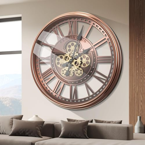 Tottshak Moving Gear Industrial Steampunk Wall Clock for Living Room Decor | Large Modern Farmhouse Red Copper Roman Numerals Metal Decorative Clock for Wall Art Home Office(Rose Gold/21 Inch/53.5 cm)