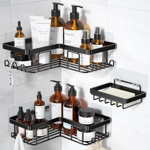 Purova Duschablage ohne Bohren, 3 Stück Badezimmer Organizer, Großer Kapazität Bohrfrei Duschablage mit Seifenhalter, Shampoo Duschgel Halterung für Dusche