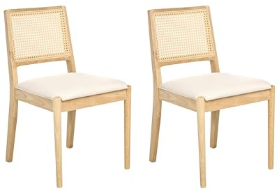 Beliani Set of 2 Dining Chairs Polyester Upholstered Seat Rubber Wood Frames Retro PE Rattan Backrest Style Dining Room Light Brown Tamarac