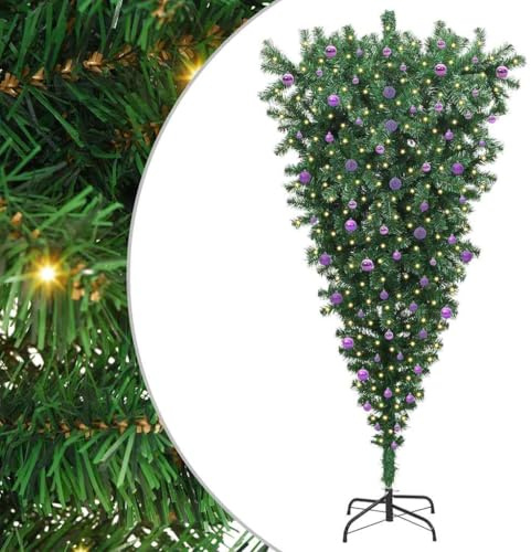 vidaXL Umgedrehter Kunst Weihnachtsbaum mit Kugelset Grün 240 cm PVC, Wohnzimmer, Moderne umgedrehte Baum, vorbeleuchtet, LED Weihnachten, Coole Deko fürs Zuhause