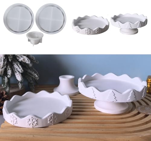 Silikonform Tablett Weihnachten Teller mit Rand Rund, Silikonformen Gießformen Tablett Schneeflocken Tanne, Epoxidharz Silikonform Teller Obst Tee, 3D Gießformen Silikon, DIY Gipsformen zum Gießen (E)