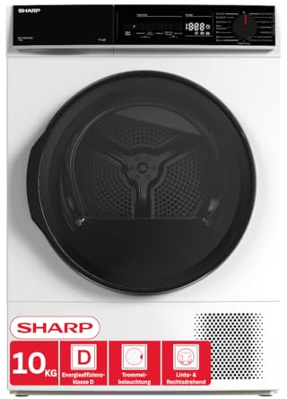 SHARP KD-PRO0S7GWD-DE Wärmepumpentrockner (10 kg, EEK D), (15 Trockenprogramme, 20 Min. Kurzprogramm, WiFi, Edelstahltrommel mit LED-Beleuchtung), Weiß