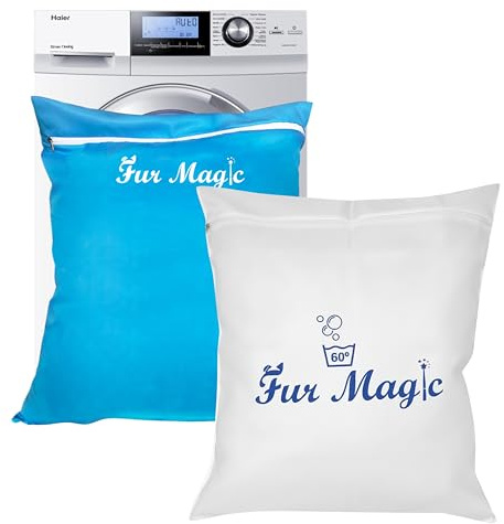 Fur Magic 2 Pet Laundry Bags Keeps Washing Machine Free from Dog & Cat Hair | Blue & White set, large, durable & reusable, for washing dog bedding & clothing, suitable for washing machine & tumble dryer