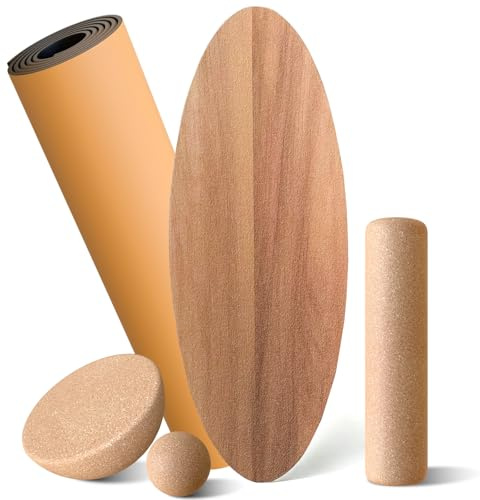 Balance Board aus Holz für Erwachsene – Rocker Shape Design mit rutschfester Oberfläche, inkl. Korkrolle, Halbkugel, Balanceball und Matte