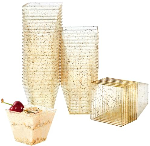 Wieat 60ml Mini Reusable Plastic Dessert Cups, Dessert Bowls, Golden Serving Bowl for Jelly, Cheesecake, Mousse, Puddings, Tiramisu