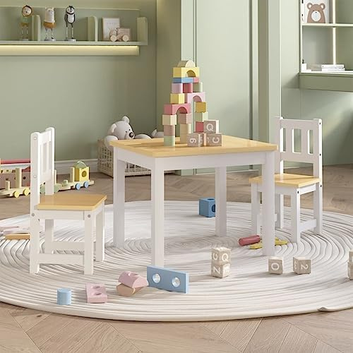 QUAHEAS 3-TLG. Barnsittgrupp vit beige MDF, 60 x 50 x 48 cm bord, 2 stolar 25 x 25 x 55 cm, stabilt babymöbelset, växer med sig, perfekt för babyrum, småbarn, lek och mat