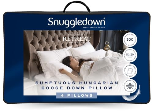 Snuggledown Hungarian Goose Down Pillows 4 Pack - 80:20 Ethically Sourced Fill for Front & Back Sleepers | Luxury Sateen Cotton Cover, UK‑Made, Non-Allergenic & Washable (48 × 74 cm)
