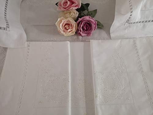BLANCO RAYA RICAMI Bezaubernde Bettwäsche aus Perkal-Baumwolle mit Stickerei im antiken Stil aus Seidengarn von Hand