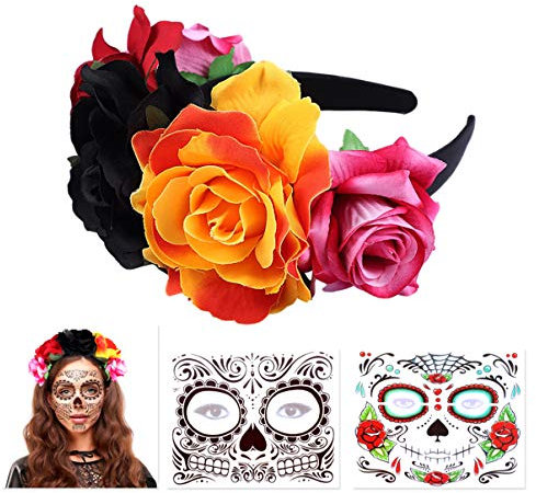 FRCOLOR Tag der Toten Haarreif, 2 Stück Blumen Rosen Kronen Mit Halloween Temporäre Gesicht Tattoos Und Zucker Schädel Tattoos (Colorful)