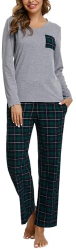 iClosam Pyjama Femme Long Coton Deux Pièces avec Pantalon à Carreaux | Pyjama Femme Hiver, Coton Doux, Respirabilité Naturelle, Haut Uni, Bas à Carreaux, Nuits Fraîches, Maison Et Repos