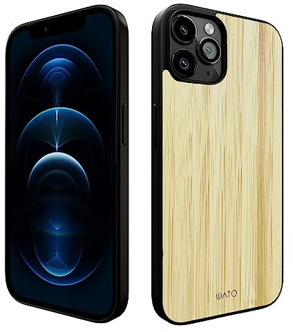 iATO iPhone 12 Pro Max Wood Case. Unique & Classy Shockproof Protective Cover. Wireless Charging Compatible Real Wooden Overlay on Soft Black TPU - Brilliant Bamboo