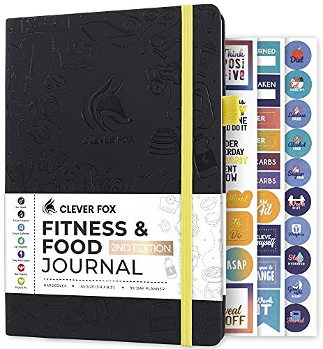 Clever Fox Fitness & Food Journal – Nutrition & Workout Planner for Women & Men – Diet & Gym Exercise Log Book with Calendars, Diet & Training Trackers - Undated, A5, Hardcover (Black)