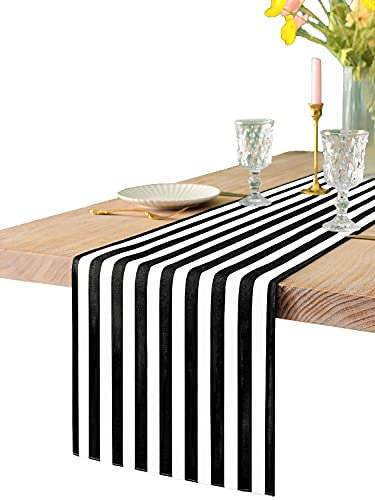 Texson Eleganter schwarz und weiß gestreifter Tischläufer, trendiges & modernes gestreiftes Design, handgemachte Baumwolle Tischläufer für Familienessen, Weihnachten, 30.5 x 274.3 cm