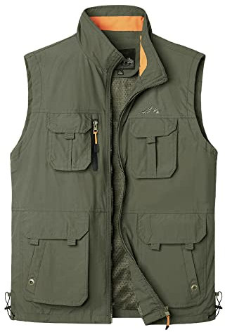 Yukirtiq Herren Sommer Outdoor Weste Leicht Atmungsaktiv Anglerweste Schnelltrocknend Safariweste Funktionsweste mit vielen praktischen Taschen Jagdweste Wandernweste, A-Grün, XL