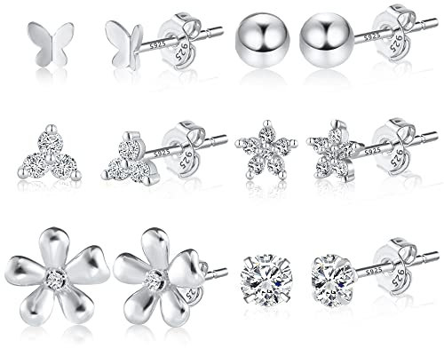 ALEXCRAFT Ohrstecker Silber 925 Cubic Zirconia Ohrringe Silber 925 Set Für Damen Herren(6 Paar,5 mm)