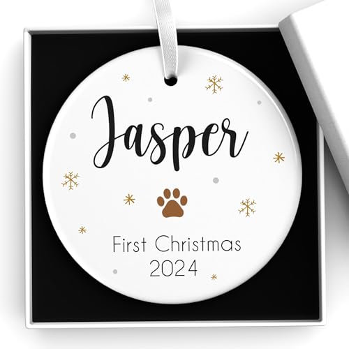 Personalised Dog's First Christmas Bauble, Puppy Pet 1st Xmas Tree Decoration, New Puppy Ornament, Labrador Retriever Pug Dachshund Boxer Bulldog With Gift Box