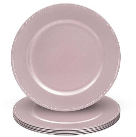 MAONAME 13 Pink Charger Plates, Plastic Charger Plates with Beaded, Round Chargers for Dinner Plates, Plate Chargers for Wedding, Table Decor, Set of 6