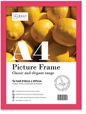 Almost Frameless A4 Bright Pink Picture Frame Fits A4 (21 x 29.7cm - 8.3 x 11.7in) Poster, Photo, Artwork, or Print. Thin Edge Slim Frame Portrait and Landscape Display with Wall Hooks