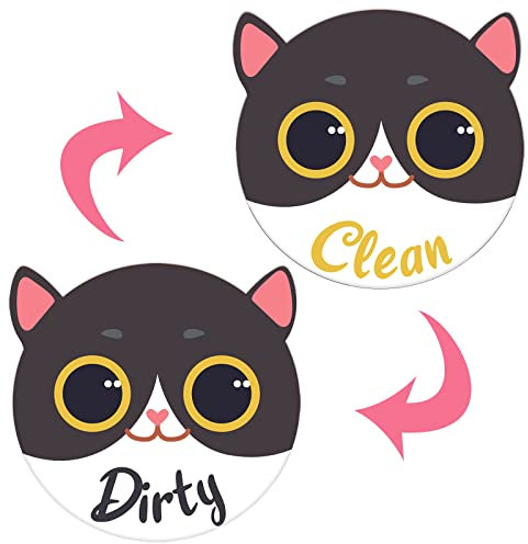 PREJOY Dishwasher Magnet, Double-Sided Cat Clean Dirty Sign Indicator, Magnetic Plate, Kitchen Dishwasher Refrigerator Reversible Indicator, Black Cat
