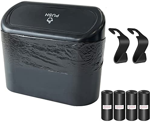 Kitbest Mini Car Trash Can with Lid, 60 Trash Bags & 2 Car Hooks - Dustbin Can Organizer Storage for Front/Back Seat Accessories