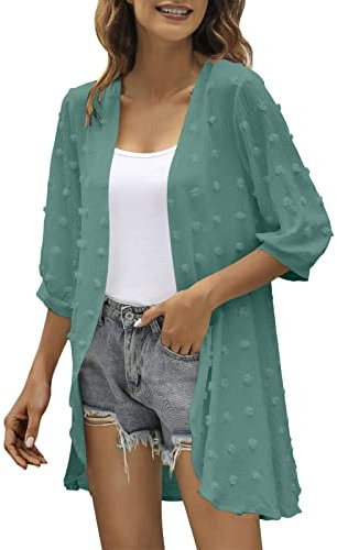 TYUSGH Kimono Cardigan for Women Casual Three Quarter Sleeve Open Front Lightweight Dots Cover Ups Draped Ruffles Cardigan Mint Green