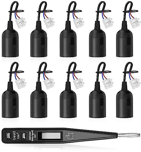 mizizkuu Set 10 Portalampada E27, Porta Lampadina E27 Portalampada in Plastica E27 Lampade Basi con Filo e Terminale Tester di Tensione Supporto della Lampada per Cantiere,Ristrutturazione,Lavori