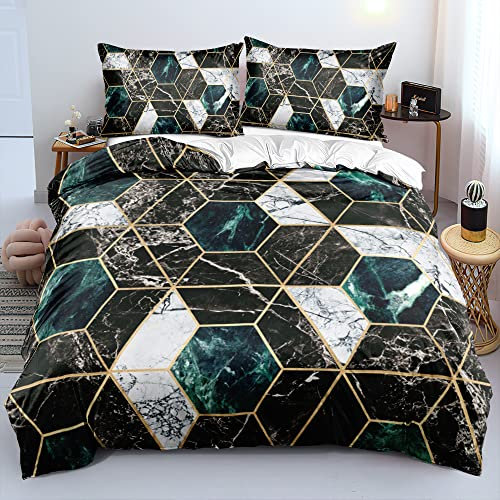 DXHOME 3D Bettwäsche 135x200 4teilig Gold und Weiß Türkis Marmor Grün Dunkelgrün Geometrisches Muster Luxus Modern Jugendliche Bettbezüge mit Reißverschluss und 2 Kissenbezüge 80 × 80 cm