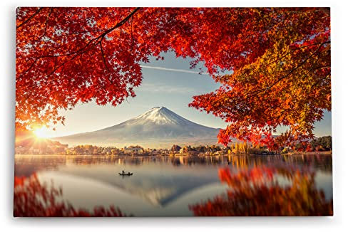 Paul Sinus Wandbild 120x80cm Japan Fuji Berg Baumkrone Herbstblätter Fischerboot