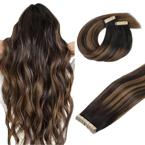 DOORES Echthaar-Extensions zum Einkleben, Balayage Dunkelbraun bis Kastanienbraun, 40 Stück, 100 g, 35,6 cm, natürliche Haarverlängerungen, Tape in nahtlos, glatt, Echthaar-Extensions