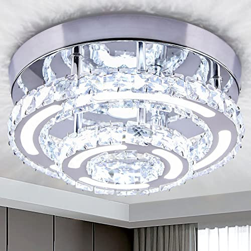 CXGLEAMING Moderne Klein Deckenlampe LED Kristall Deckenleuchte Rund Kristall Kronleuchter Unterputz Pendelleuchte für Wohnzimmer Schlafzimmer Esszimmer Badezimmer Küche(Kaltweiß)
