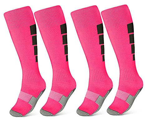 Offtrte Chaussettes de football pour enfants, [2 paires] Chaussettes hautes athlétiques au genou pour jeunes garçons filles pour taille US 3-6,5 / Age 6-12, Rose, 6- 12 ans