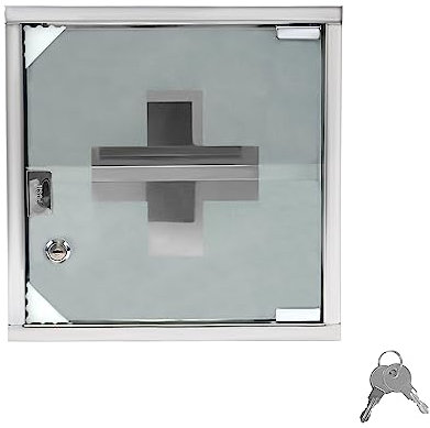 TRMLBE Medizinschrank aus Edelstahl Medikamentenschrank Abschließbar Arzneischrank Apothekerschrank Hausapotheke mit Glas Tür inkl. 2 Schlüsseln 30 x 12 x 30 cm (mit 2 Fächer)