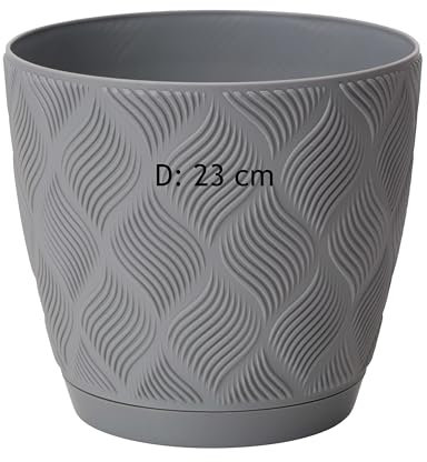 Cache-pot Eco 100 % recyclé - Avec soucoupe - Motif 3D - Décoratif (gris, taille XXL - 23 cm)