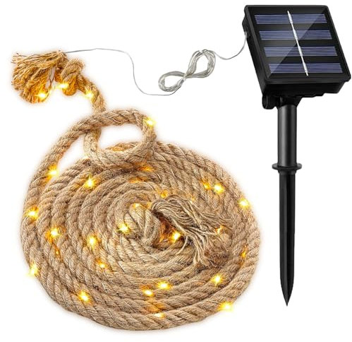 Solar Lichterkette Seil,7M Solar Rope Lights,150 LED Gartenleuchte,Solar Hanfseil Lichterkette,Warmweiß Beleuchtete Lampe,Solar Lichterkette Außen Wetterfest,Wasserdicht Fee Lichterkette Aussen