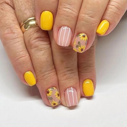 24pcs Short Square False Nails Sunflower Press on Nails Yellow Stick on Nails White Stripe Fake Nails Removable Glue-on Nails Full Cover Fake Nails Women Brides Nail Art Accessories