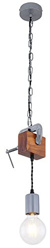 Globo Hängeleuchte Holz Esstisch Lampe Küche hängend Retro Deckenleuchte Vintage Pendelleuchte 1 flammig, Schraubzwinge Metall verzinkt, E27, LxH 14 x 120 cm