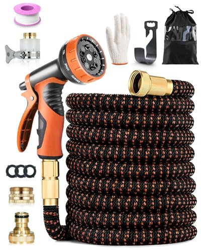 Aucaer 2024 Tuyau d'arrosage Extensible 45 m, Tuyau Flexible avec buse de pulvérisation à 10 fonctions, Raccords Cuivre Haute Qualité, pour le Jardin, la Voiture et les Animaux de Compagnie (Orange)