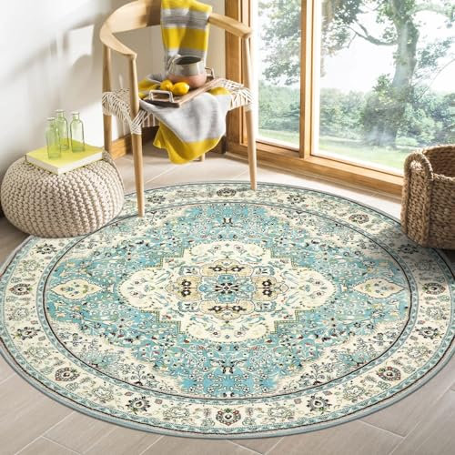 Nyescasa Runder Teppich Wohnzimmer Schlafzimmer Vintage Boho Kurzflor Teppich Weich Waschbar rutschfest Runder Teppiche für Kinderzimmer Esszimmer Outdoor, Beige Türkis, Rund 140 cm