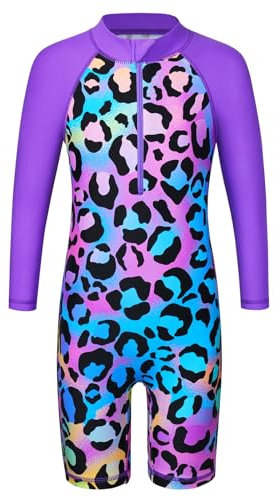 HUAANIUE Girls UPF 50+ UV One Piece Swimwear Kids Bodysuit Beachwear with Ziper Surfing Pink Swimming Children Bathing Costume 4-11 Years(PurpleLeopard,140/146)