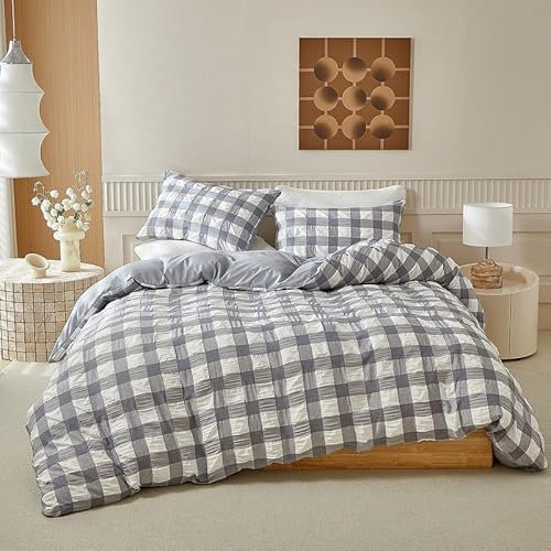 DXHOME Seersucker Bettwäsche 135x200cm Grau Weiß Wende Bettwäsche-Set Kariert Weich Mikrofaser Atmungsaktiv Jugendliche Teenager Mädchen Bettbezug mit Reißverschluss und 1 Kissenbezug 80x80cm