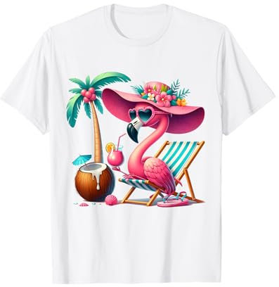 Flamant rose palmier tropical plage vacances d'été femme T-Shirt