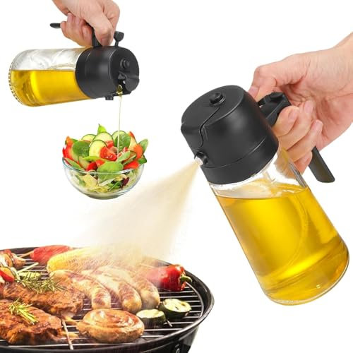 LKEVREG Pulvérisateur d'huile 2 en 1 en verre de 470 ml avec grande capacité, spray d'huile pour friteuse à air chaud, distributeur d'huile de cuisine pour la cuisson, la pâtisserie, le barbecue et