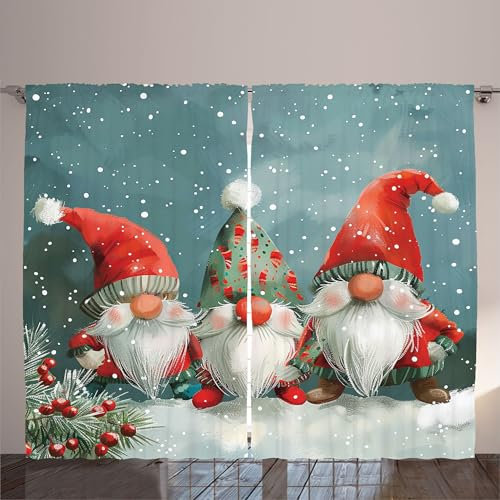 ABAKUHAUS Weihnachten Rustikaler Gardine, Weihnachts-Elfen-Wichtel-Druck, Schlafzimmer Kräuselband Vorhang mit Schlaufen und Haken, 280 x 225 cm, Zinnoberrot Blau grau Grau