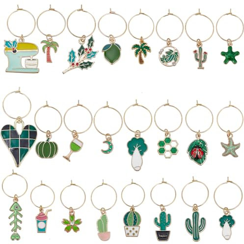 SUNNYCLUE 24Pcs Wine Glasses Charm Wine Marker Charms Bulk Gold Metal Alloy Green Plant Cactus Tree Starfish Heart Moon Identifier Drink Rings Tags Charms for Summer Christmas Party Wine Decorations