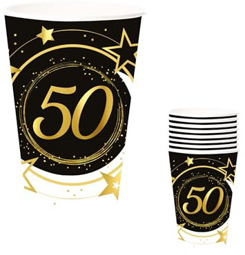FIESTAS GUIRCA | 6 Gobelets Jetables de 50 Ans (240 ml) (9 cm) - Décoration de Table pour Fêtes - Idéal pour Célébrations de 50 Ans et Événements - Noir, Or, Blanc