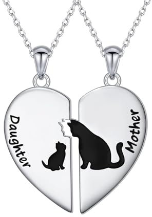 HOOHWE Mutter und Tochter Kette 925 Sterlingsilber Katze Herz Anhänger Halskette für Frauen Schmuck Geschenke für Mama und Tochter