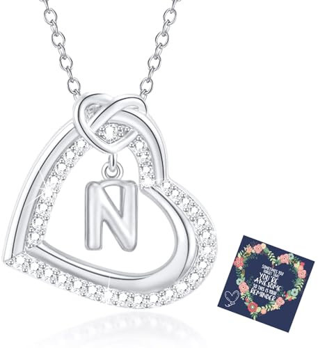 Esmoly Kette Damen Silber Necklace Women Zirkonia Herz Anhänger Kette mit Buchstaben A-Z Halskette Damen mit Kasten Geschenke für Frauen Freundin 17.2+2 Inches (Silber N)