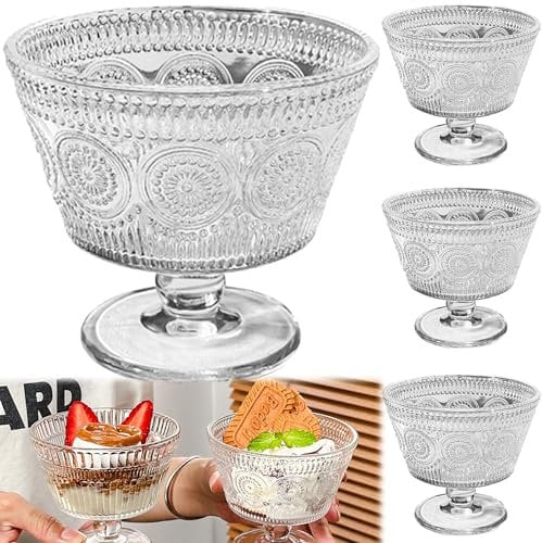 QSLKI Lot 4 Coupes À Glace En Verre Moderne, 100% Sans Plomb 260 ml Coupes À Dessert Bols À Crème Glacée Bols À Glace, Coupes À Dessert En Verre Avec Pied Pour Le Restaurant, La Cuisine (Style 1)